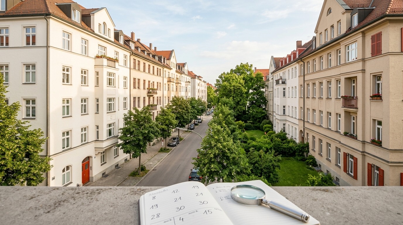 Blick über einen Münchner Straßenzug mit Notizbuch und Lupe