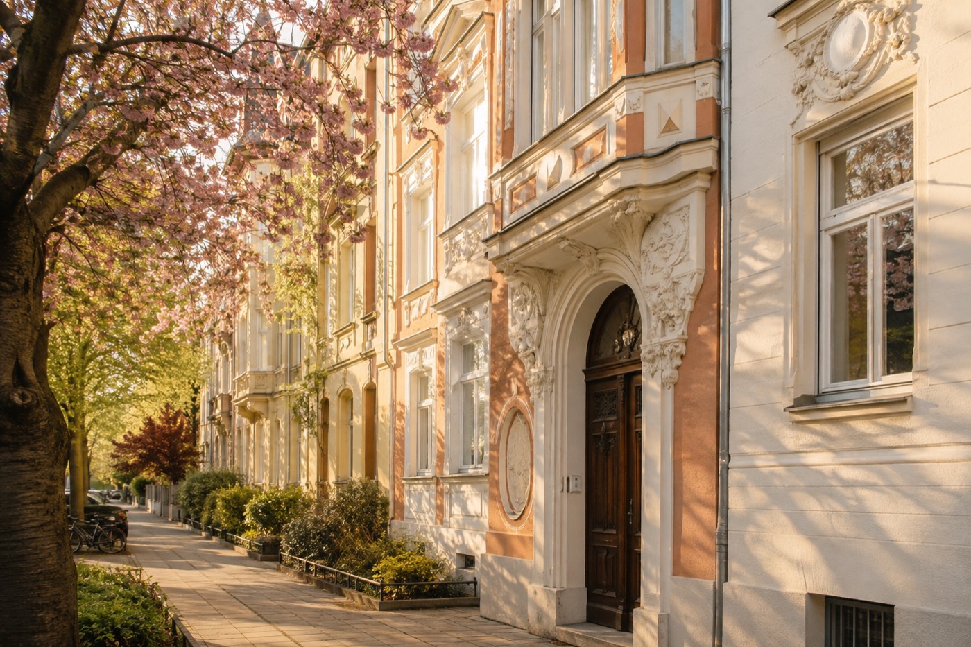 Sonnige Altbau-Fassaden mit blühendem Baum